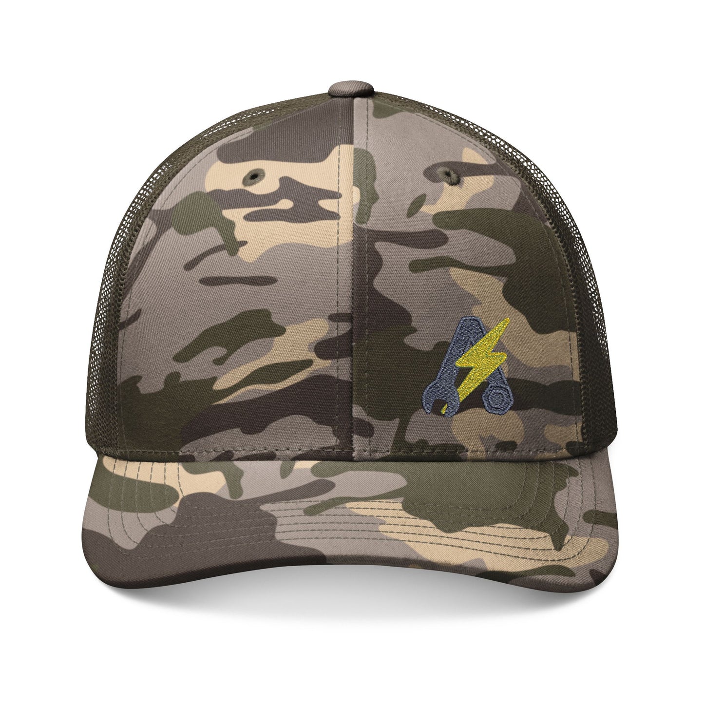 Camouflage Trucker Hat with Embroidered Lightning Bolt