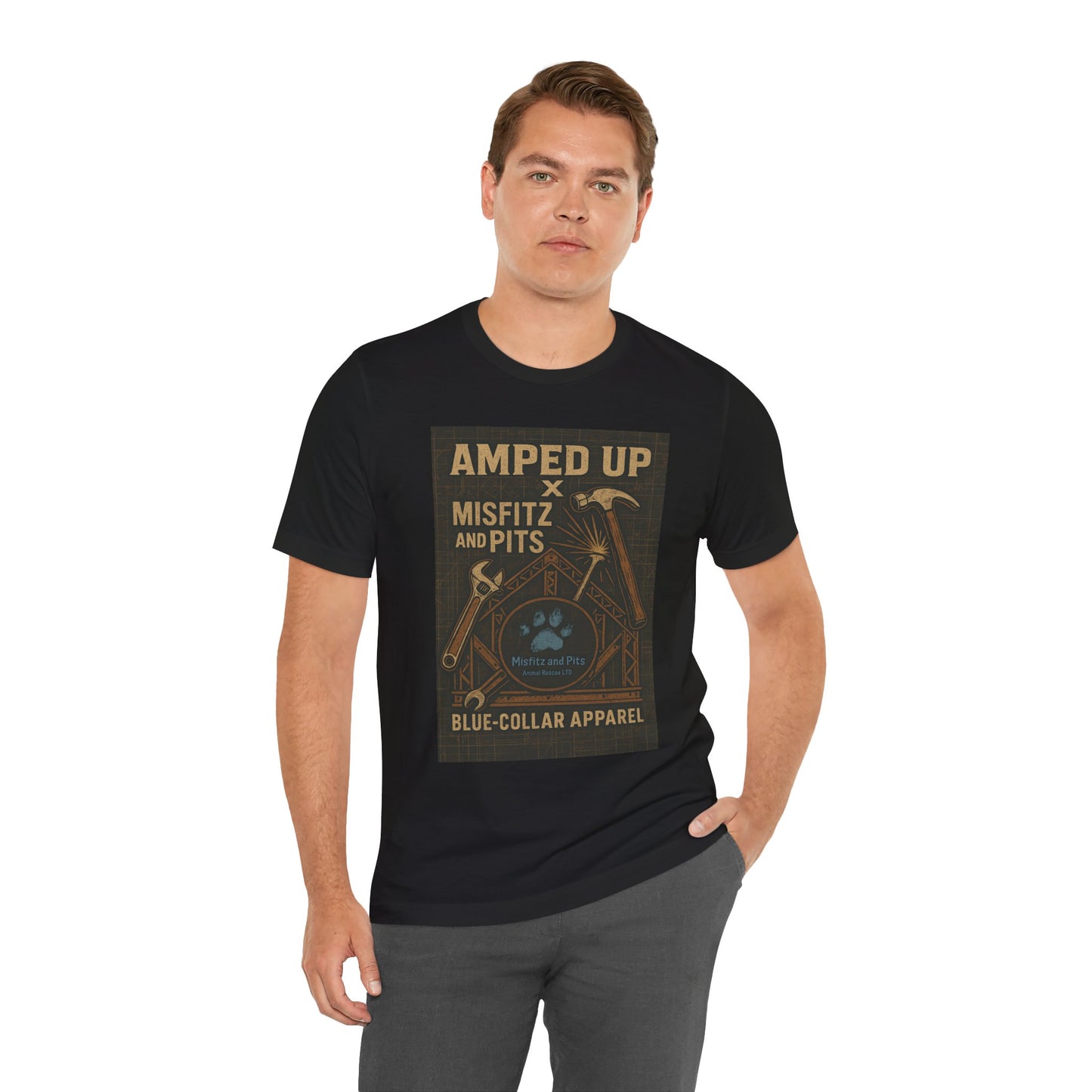 Misfitz and Pits and Amped Up T-Shirt, Unisex Work Tee, Casual Labor Shirt, Gift for Tradespeople, Father's Day Apparel