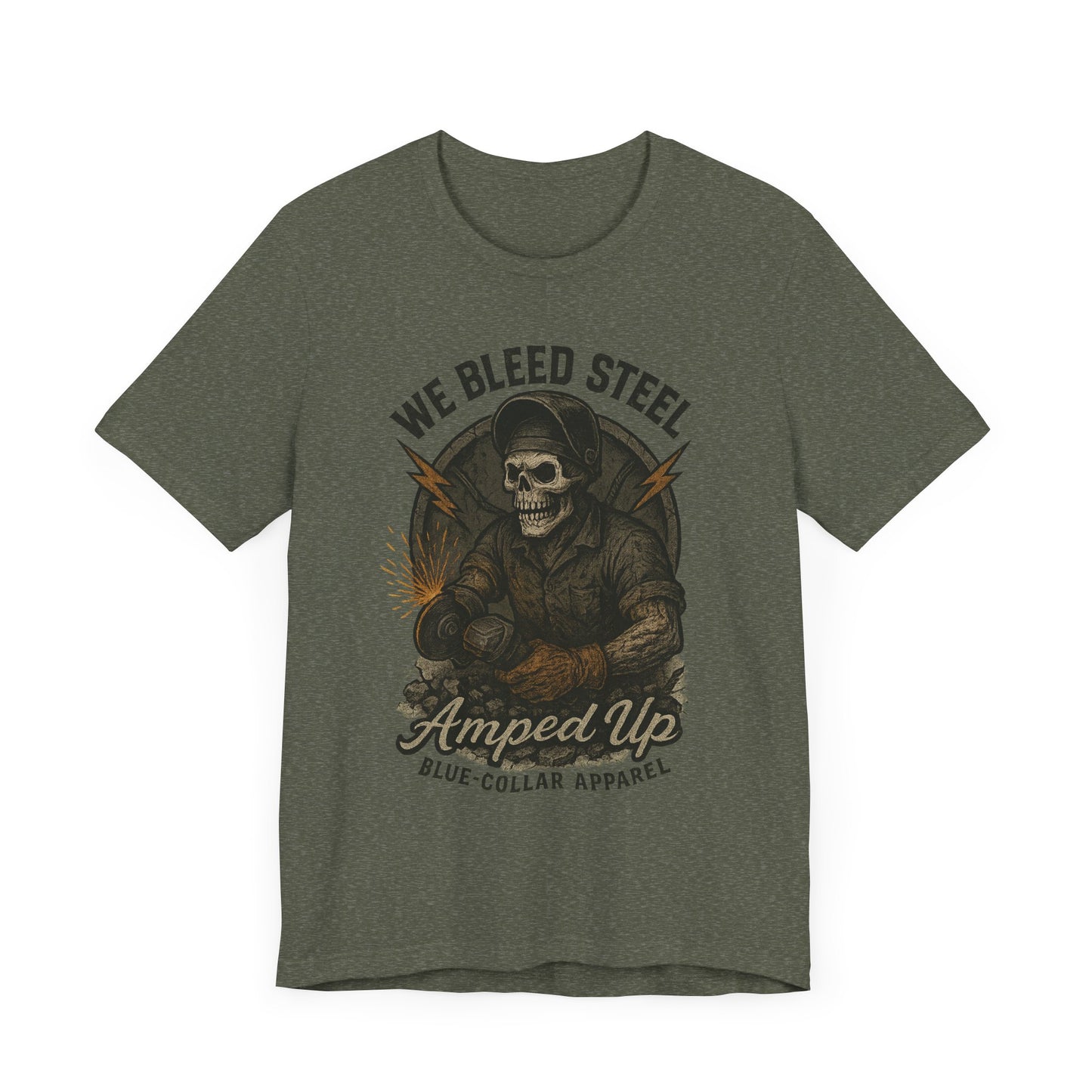 We Bleed Steel Tee, Cool Casual Shirt, Blue-Collar Apparel, Gift for Him, Industrial Style Clothing