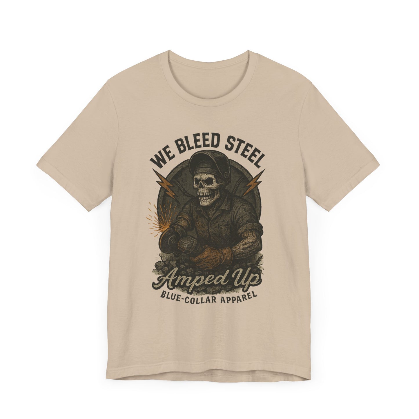 We Bleed Steel Tee, Cool Casual Shirt, Blue-Collar Apparel, Gift for Him, Industrial Style Clothing