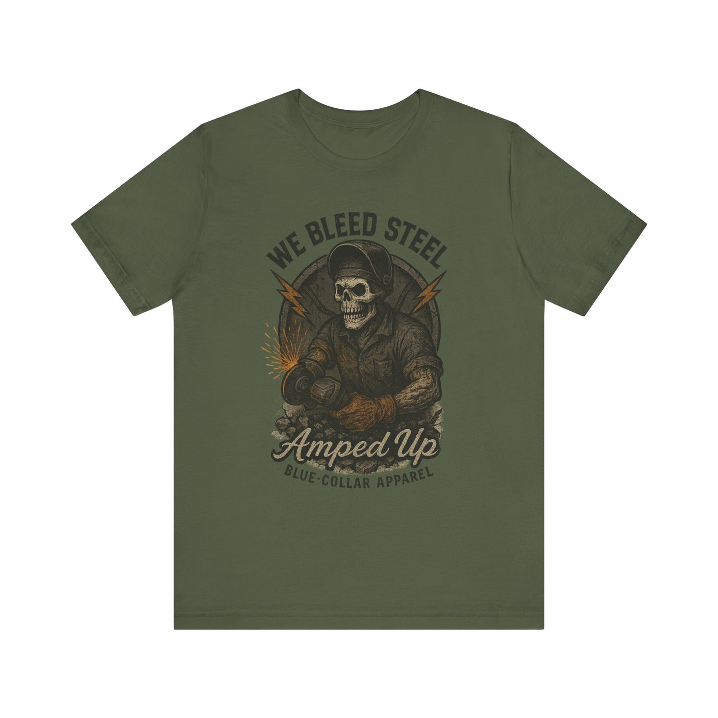 We Bleed Steel Tee, Cool Casual Shirt, Blue-Collar Apparel, Gift for Him, Industrial Style Clothing