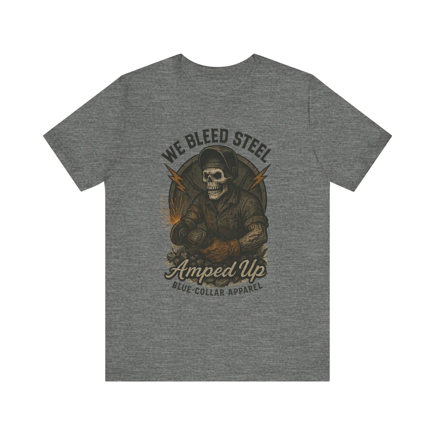 We Bleed Steel Tee, Cool Casual Shirt, Blue-Collar Apparel, Gift for Him, Industrial Style Clothing