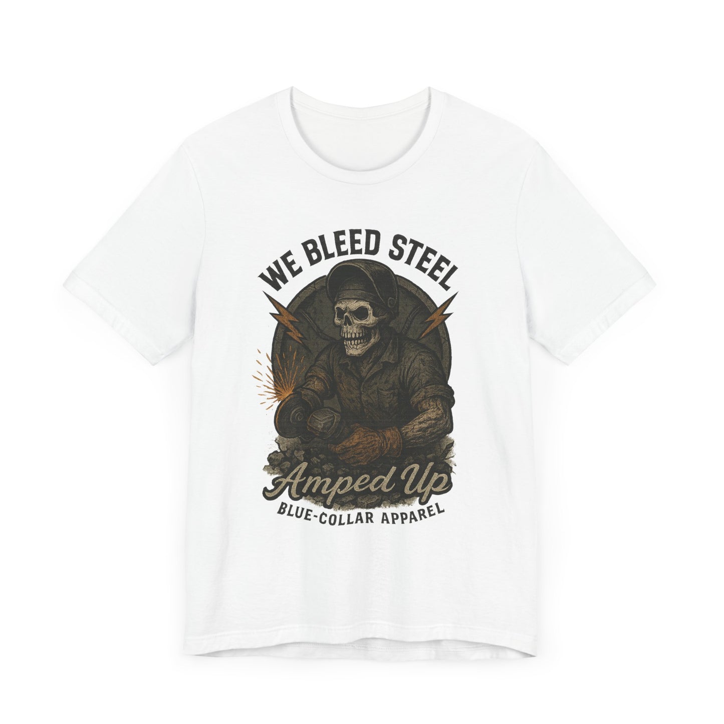 We Bleed Steel Tee, Cool Casual Shirt, Blue-Collar Apparel, Gift for Him, Industrial Style Clothing