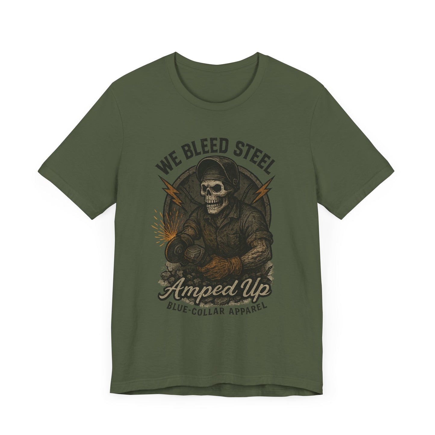 We Bleed Steel Tee, Cool Casual Shirt, Blue-Collar Apparel, Gift for Him, Industrial Style Clothing