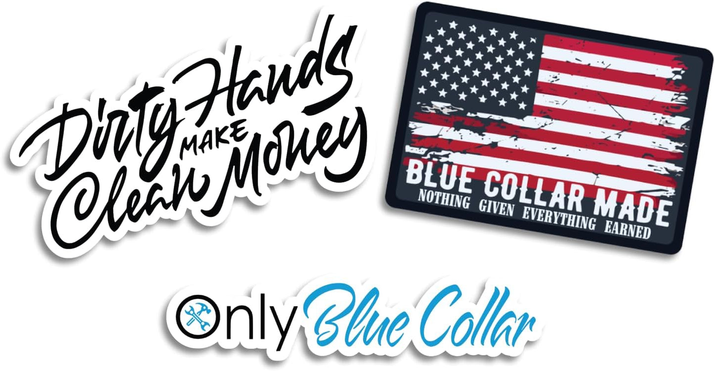 | Only Blue Collar, Dirty Hands Clean Money Sticker & American Flag Hard Hat Stickers for Men (3 Pcs) – Durable, Waterproof Hard Hat Stickers for Men.