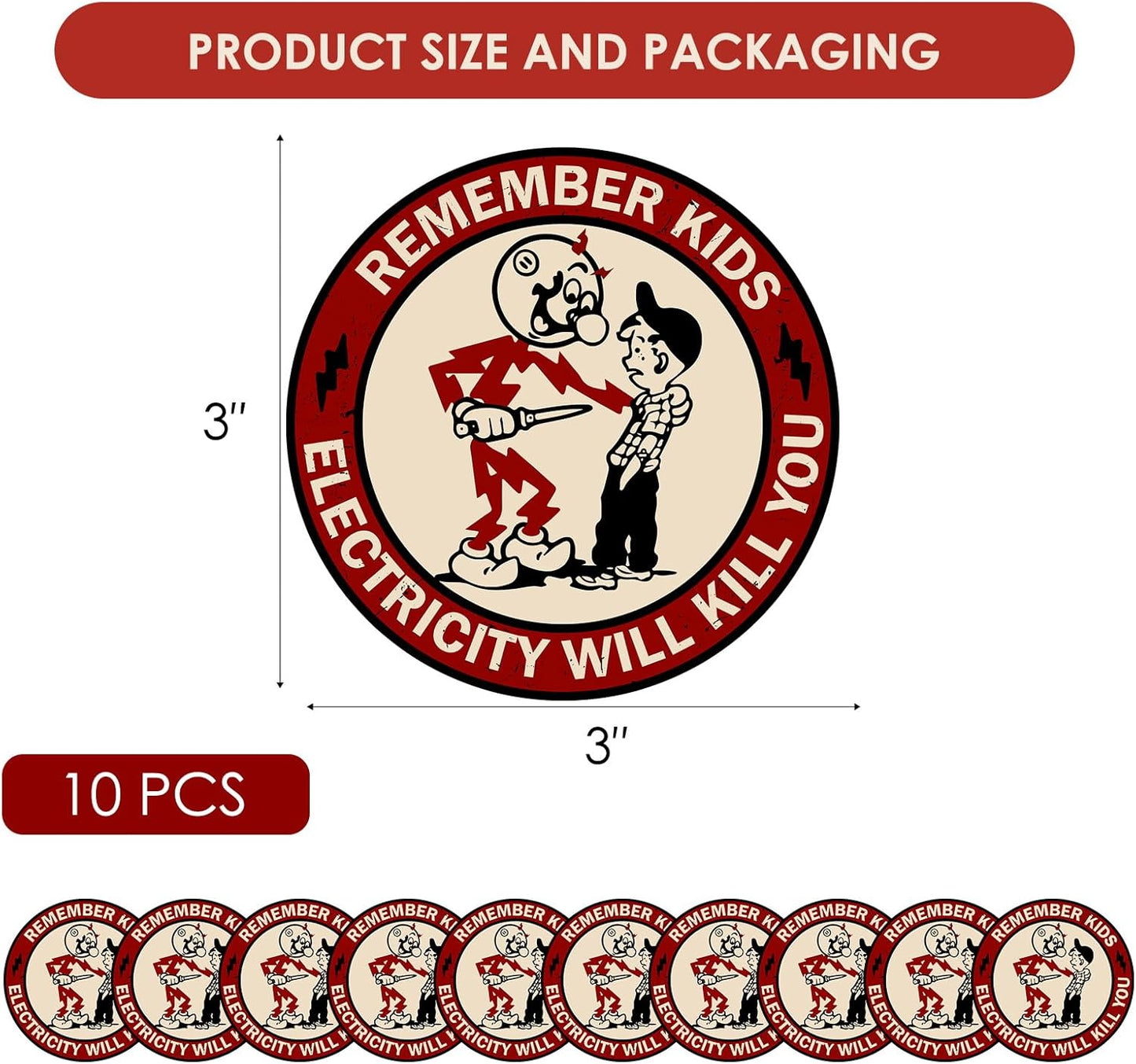 Remember Kids Electricity Will Kill You Sticker - 10 Pack Electricity Will Kill You Hard Hat Stickers for Men Lineman, Electrician Warning Sticker for Tool Box, Car, Helmet, Electric Meter Box