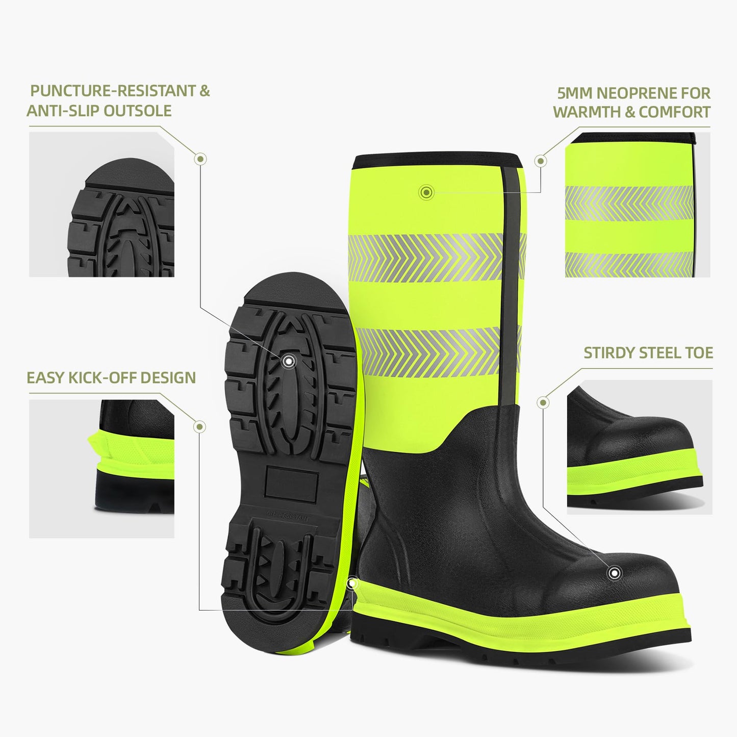 Men's Steel Toe Muck Work Boots – Reflective, Puncture Proof, Oil & Slip Resistant, Rubber & Neoprene, Breathable Safety Boots for Construction, Roadwork, Industrial & Heavy Duty