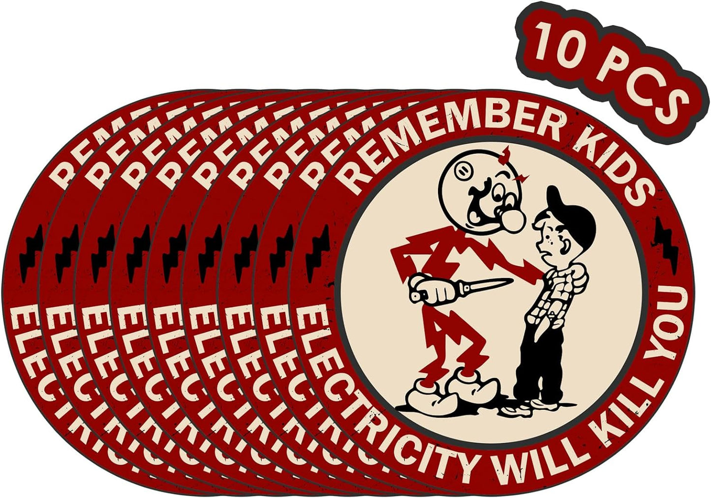 Remember Kids Electricity Will Kill You Sticker - 10 Pack Electricity Will Kill You Hard Hat Stickers for Men Lineman, Electrician Warning Sticker for Tool Box, Car, Helmet, Electric Meter Box