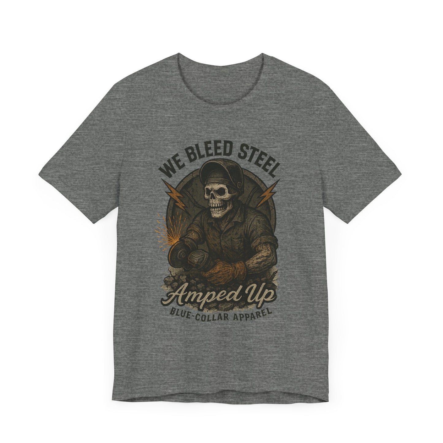 We Bleed Steel Tee, Cool Casual Shirt, Blue-Collar Apparel, Gift for Him, Industrial Style Clothing