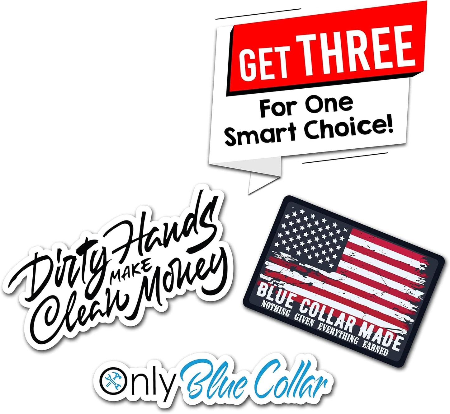 | Only Blue Collar, Dirty Hands Clean Money Sticker & American Flag Hard Hat Stickers for Men (3 Pcs) – Durable, Waterproof Hard Hat Stickers for Men.