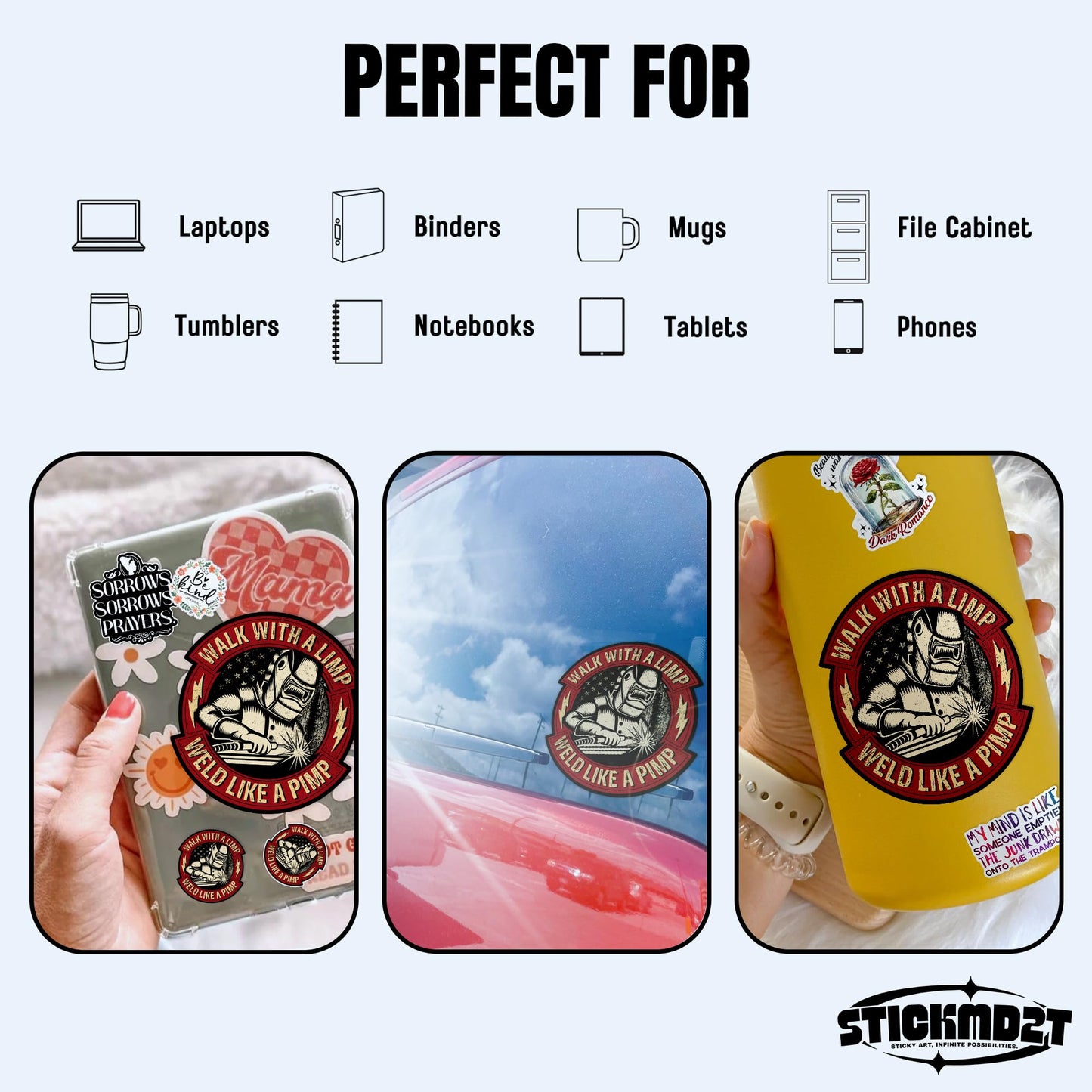 (3Pcs) Walk with A Limp Weld Like A Pimp Sticker Blue Collar Engineer Welder Welding Hard 2" Waterproof Vinyl Decal Sticker Laptop, Water Bottles, Phone, Kindle Merchandise Decor Decal Gifts 2 Inches