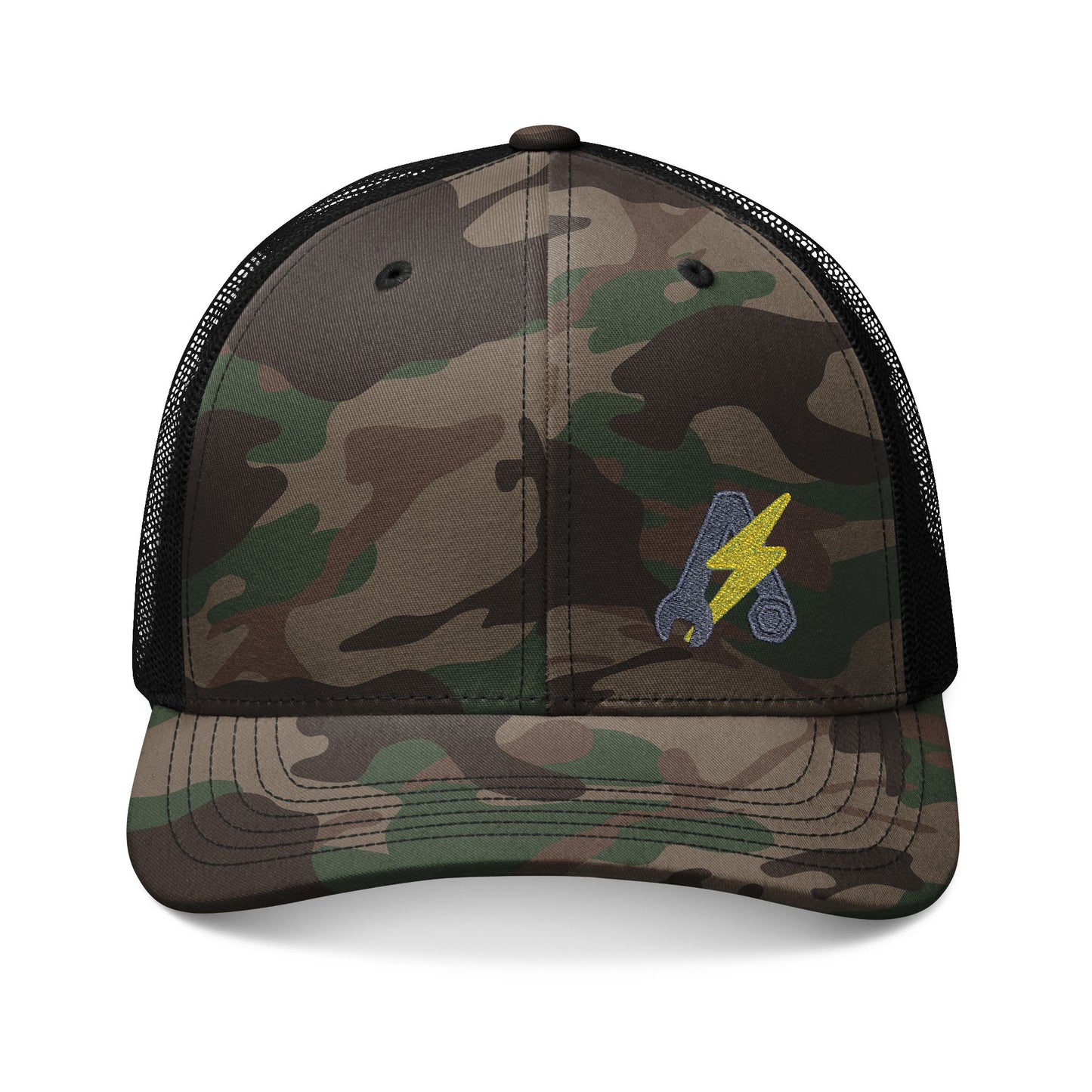 Camouflage Trucker Hat with Embroidered Lightning Bolt